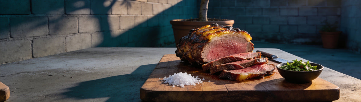 Sliced roast picanha with chimichurri on a courtyard table, seasoned with Street BBQ Brazilian Asado Rub