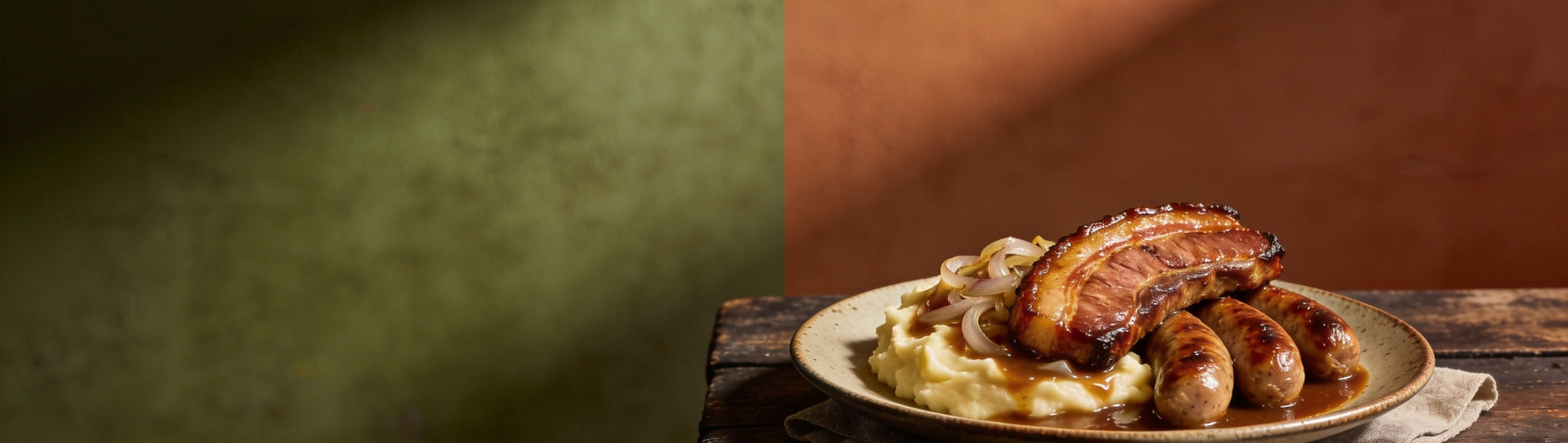Strong English Mustard with gammon, bangers and mash