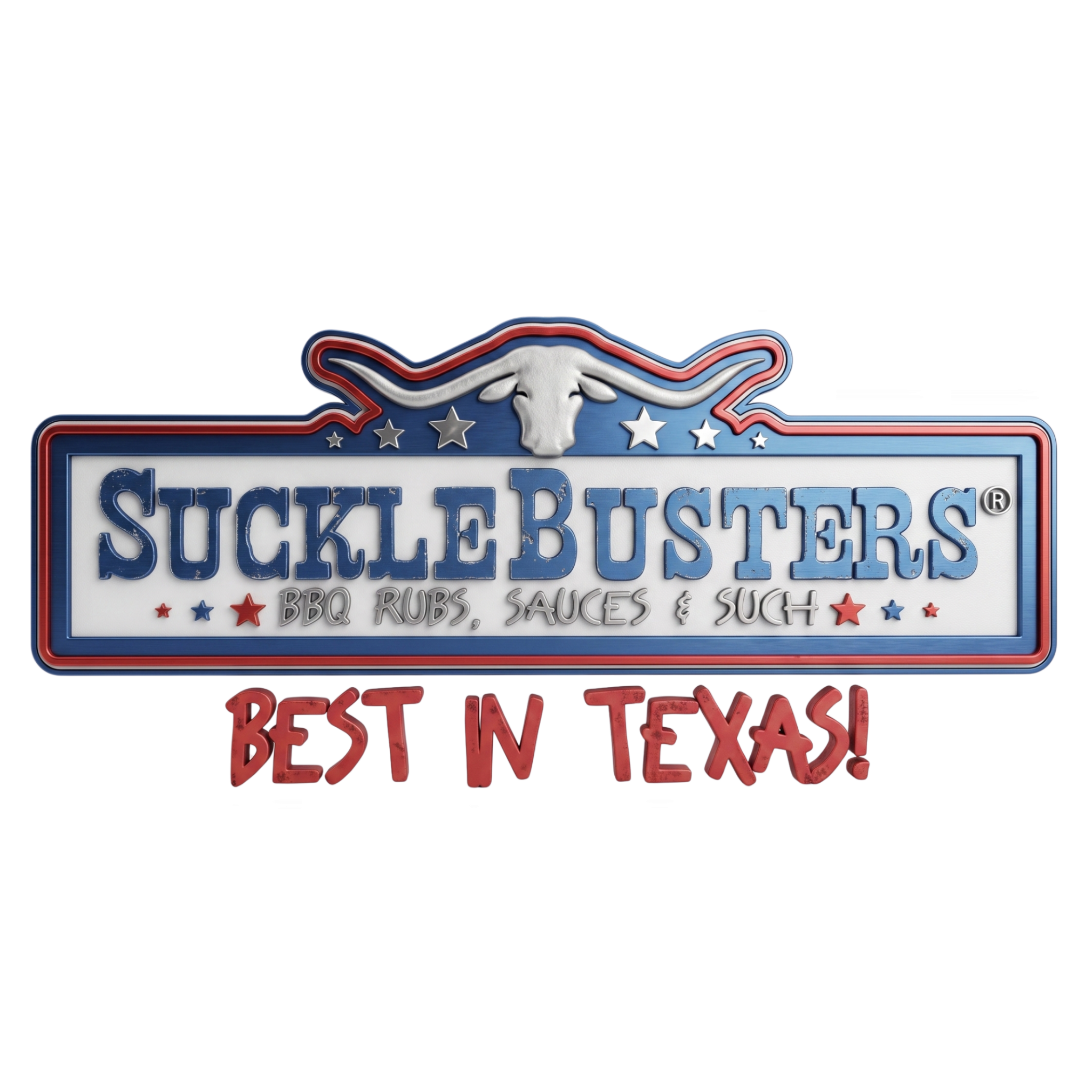 SuckleBusters brand logo, red white and blue Texas badge with a silver longhorn, on transparent background