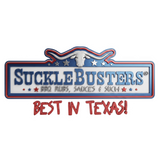 SuckleBusters brand logo, red white and blue Texas badge with a silver longhorn, on transparent background