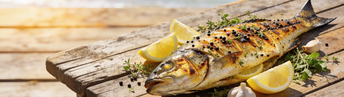 Grilled whole lemon-pepper seasoned fish with lemon wedges and garlic on a rustic wooden coastal table.