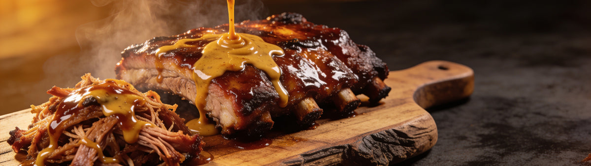 Glossy mustard-based Carolina gold BBQ sauce glazed over smoky pulled pork and ribs