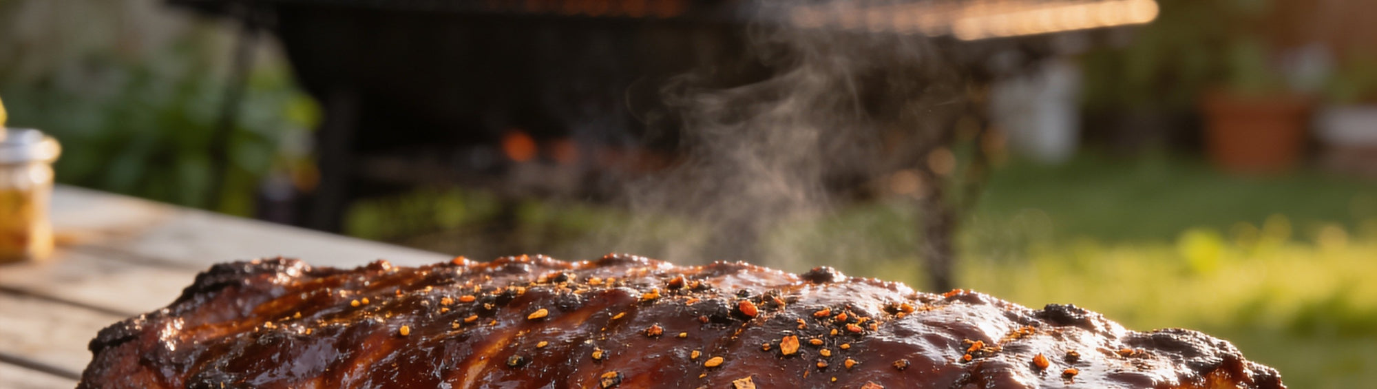 Hardcore Carnivore Sweet BBQ rub beside glossy smoked pork ribs with a deep caramelised brown-sugar bark