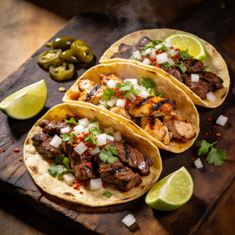 Char-grilled steak and chicken street tacos with lime, coriander and pickled jalapenos lifestyle photo