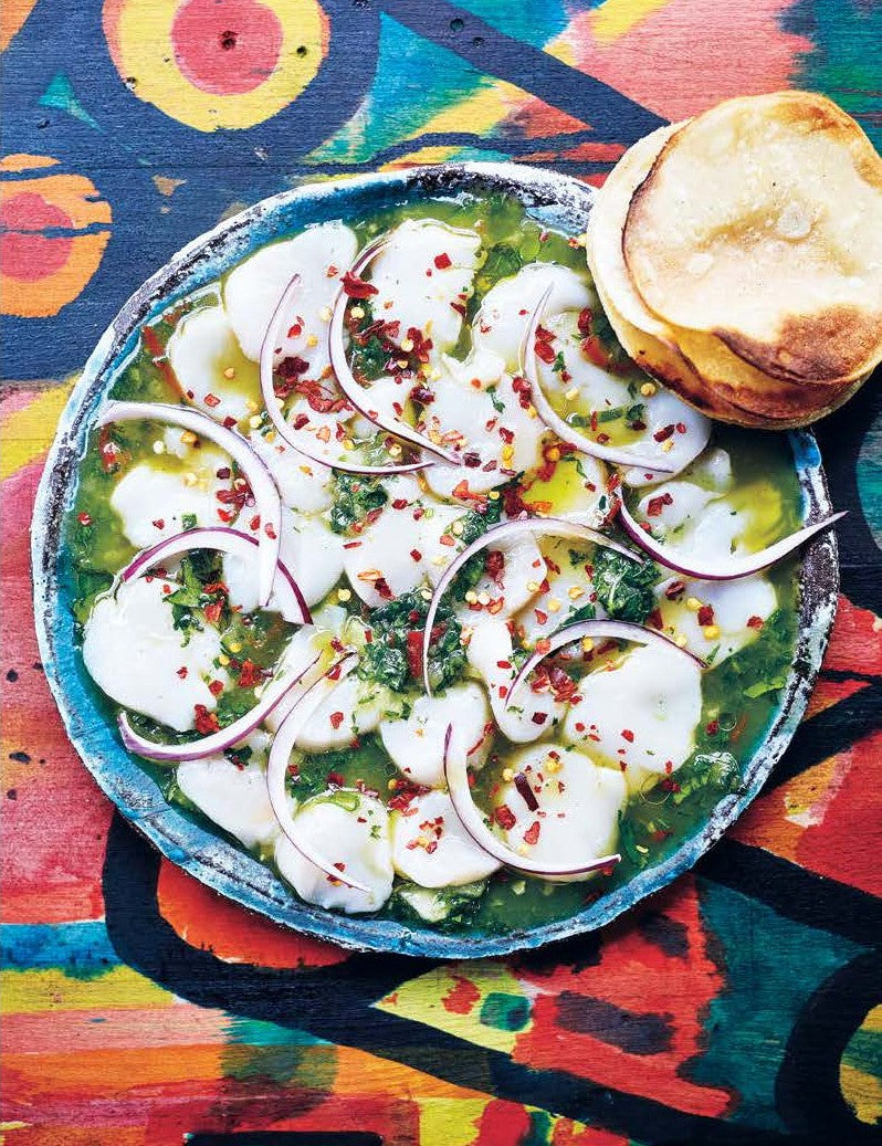 Tacos by Nud Dudhia & Chris Whitney paperback cookbook — scallop aguachile recipe page