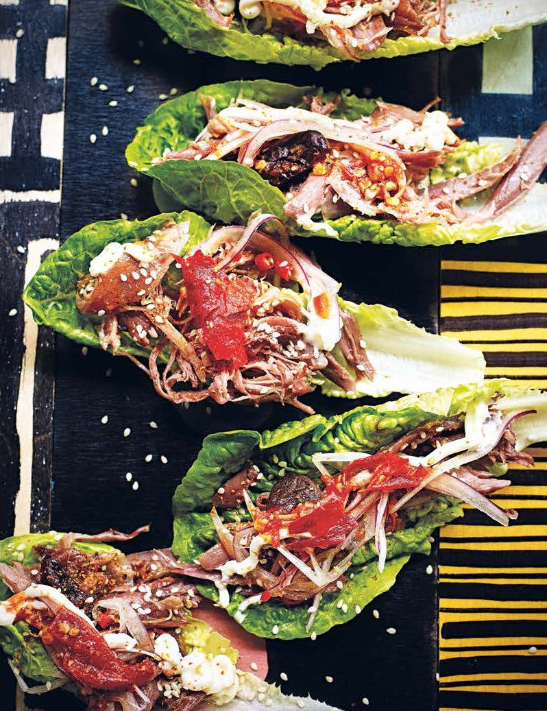 Tacos by Nud Dudhia & Chris Whitney paperback cookbook — duck carnitas in gem lettuce cups
