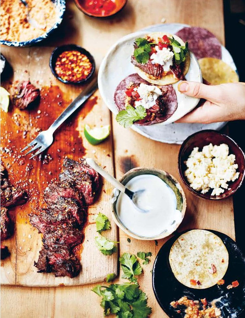 Tacos by Nud Dudhia & Chris Whitney paperback cookbook — carne asada with chipotle cashew nut salsa