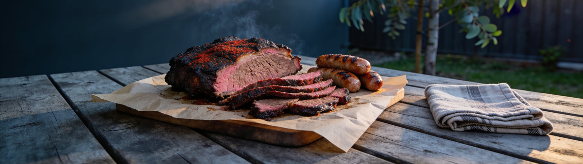 Spice-crusted sliced brisket and snags on a backyard table at dusk – Taipan BBQ Aussie All-Rounder rub