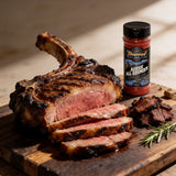 TAIPAN BBQ Aussie All-Rounder all-purpose BBQ rub 175g — beauty shot, sliced grilled tomahawk steak and burnt ends with glossy dark bark