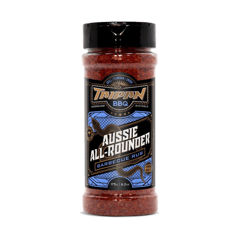 Taipan BBQ Aussie All-Rounder 175g all-purpose BBQ rub — front on transparent background lifestyle photo