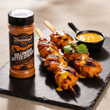 TAIPAN BBQ Bollywood Butter Chicken spiced chicken BBQ rub 175g — beauty shot, glazed grilled chicken skewers with buttery spiced sauce