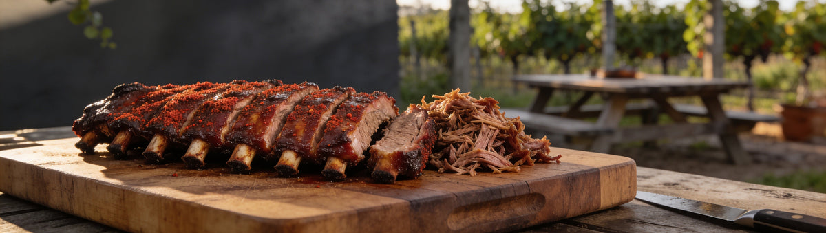 Paprika-crusted pork ribs and pulled pork under a vine pergola – Taipan BBQ Brazilian Pork rub