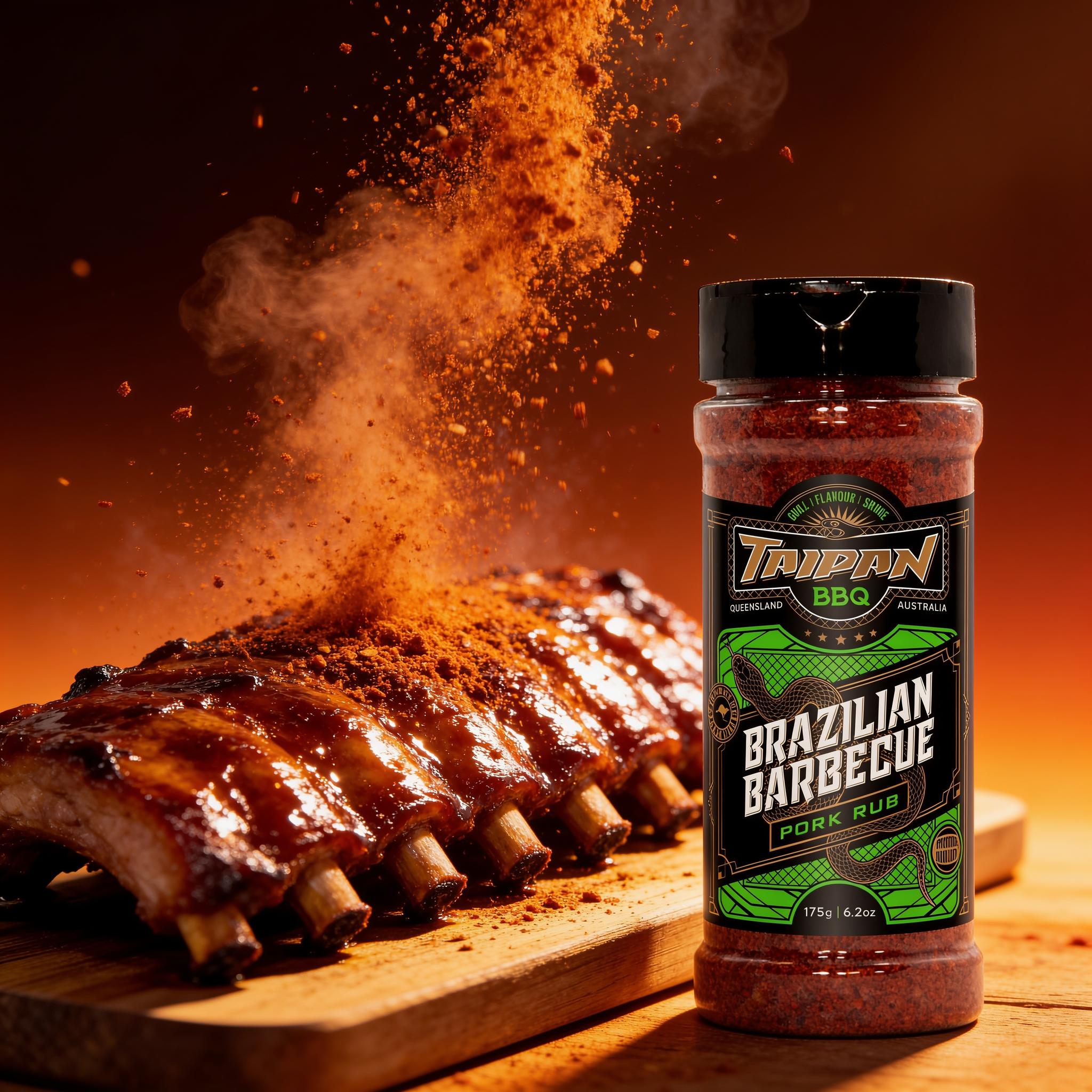 TAIPAN BBQ Brazilian Pork low and slow BBQ rub 175g — action shot, smoky rub granules exploding over glazed pork ribs