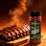 TAIPAN BBQ Brazilian Pork low and slow BBQ rub 175g — action shot, smoky rub granules exploding over glazed pork ribs