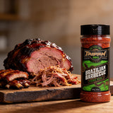 TAIPAN BBQ Brazilian Pork low and slow BBQ rub 175g — beauty shot, glistening pulled pork shoulder with dark bark and rib bones