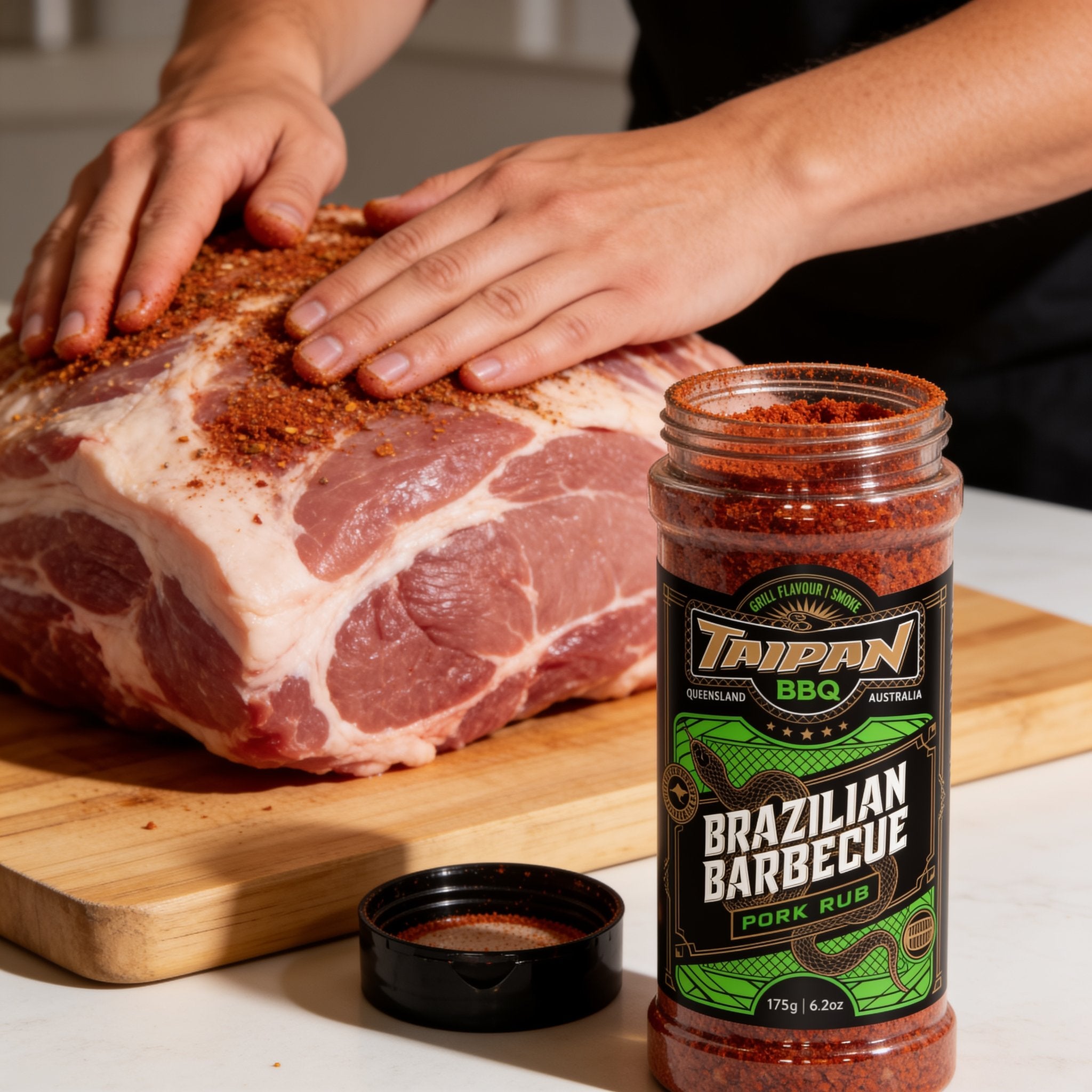 TAIPAN BBQ Brazilian Pork low and slow BBQ rub 175g — use shot, hands massaging the rub into a raw pork shoulder