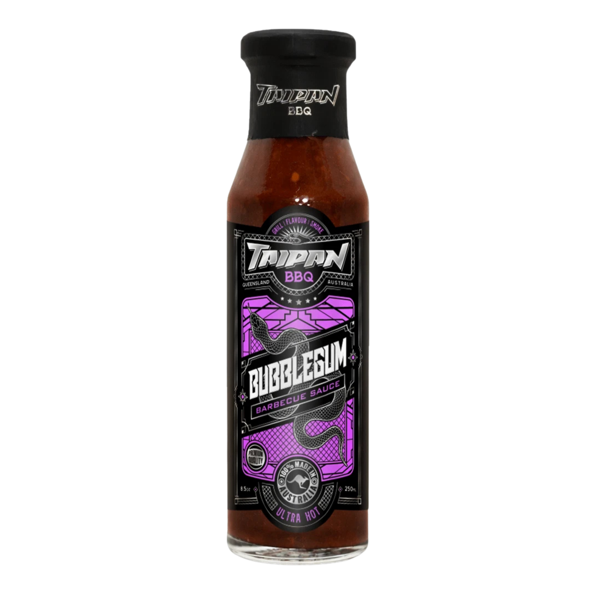 TAIPAN BBQ Bubblegum ultra hot BBQ sauce 250ml — front on transparent background