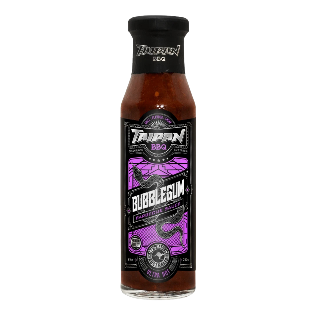 TAIPAN BBQ Bubblegum ultra hot BBQ sauce 250ml — front on transparent background