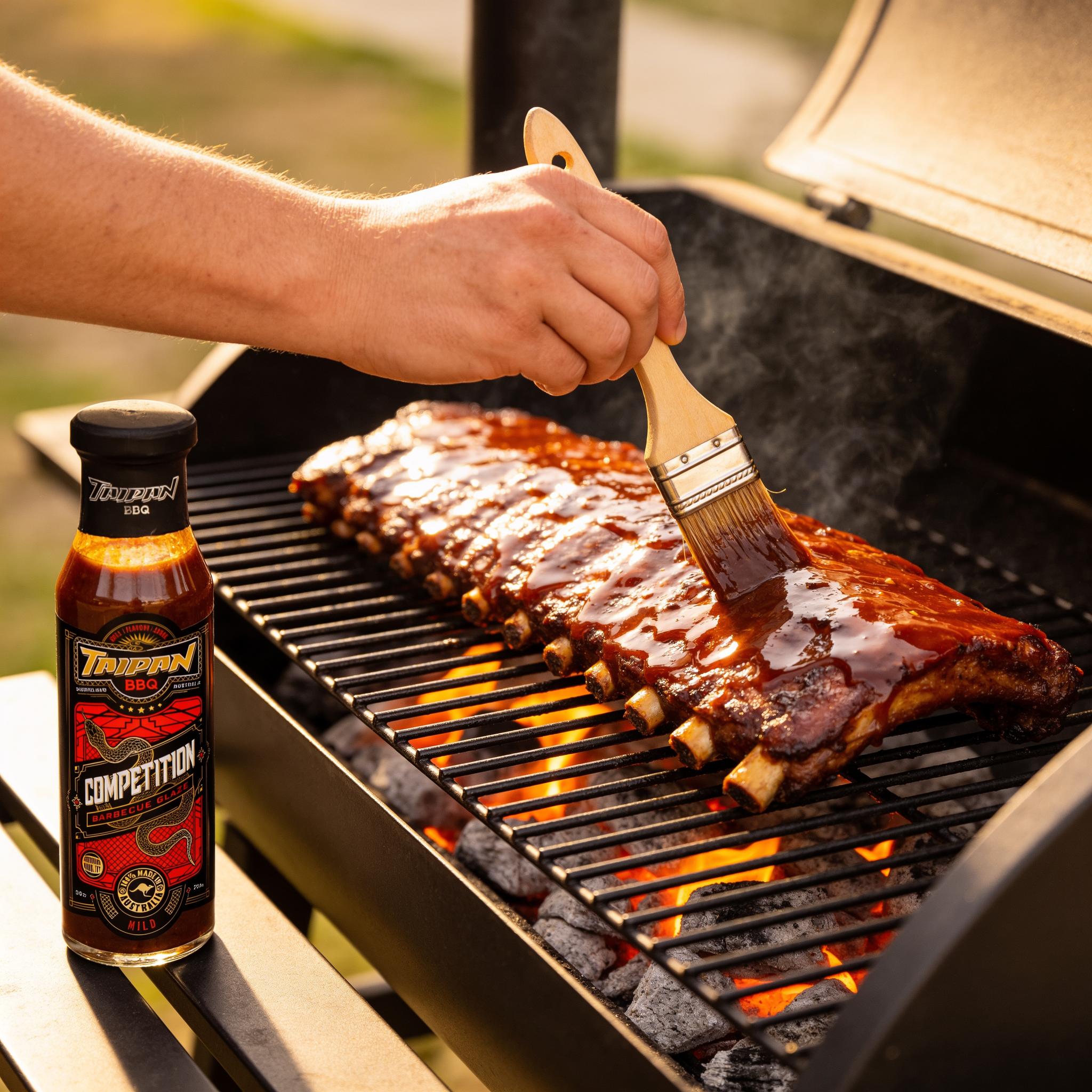 TAIPAN BBQ Competition Glaze mild sweet sticky BBQ glaze 250ml — in-use shot, brushing glaze onto ribs on the grill