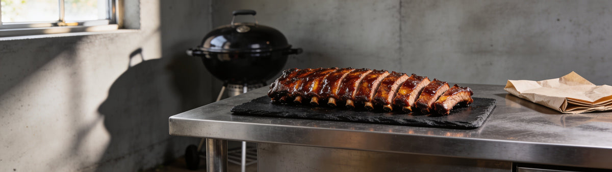 Glossy mahogany-glazed pork ribs sliced on slate, stainless bench – Taipan BBQ Competition Glaze