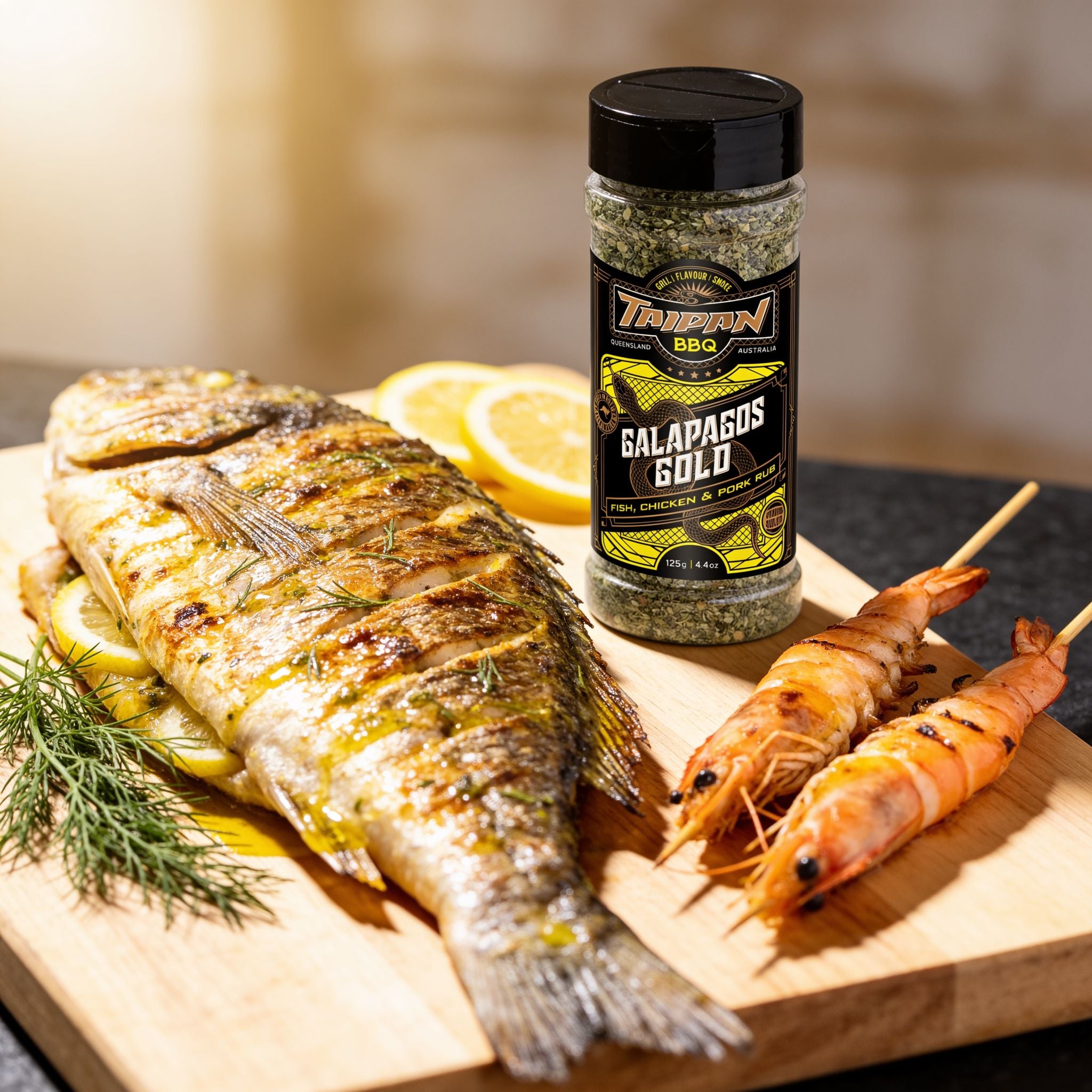 TAIPAN BBQ Galapagos Gold fish and seafood rub 125g — beauty shot, whole grilled fish with herb-lemon glaze and prawn skewers
