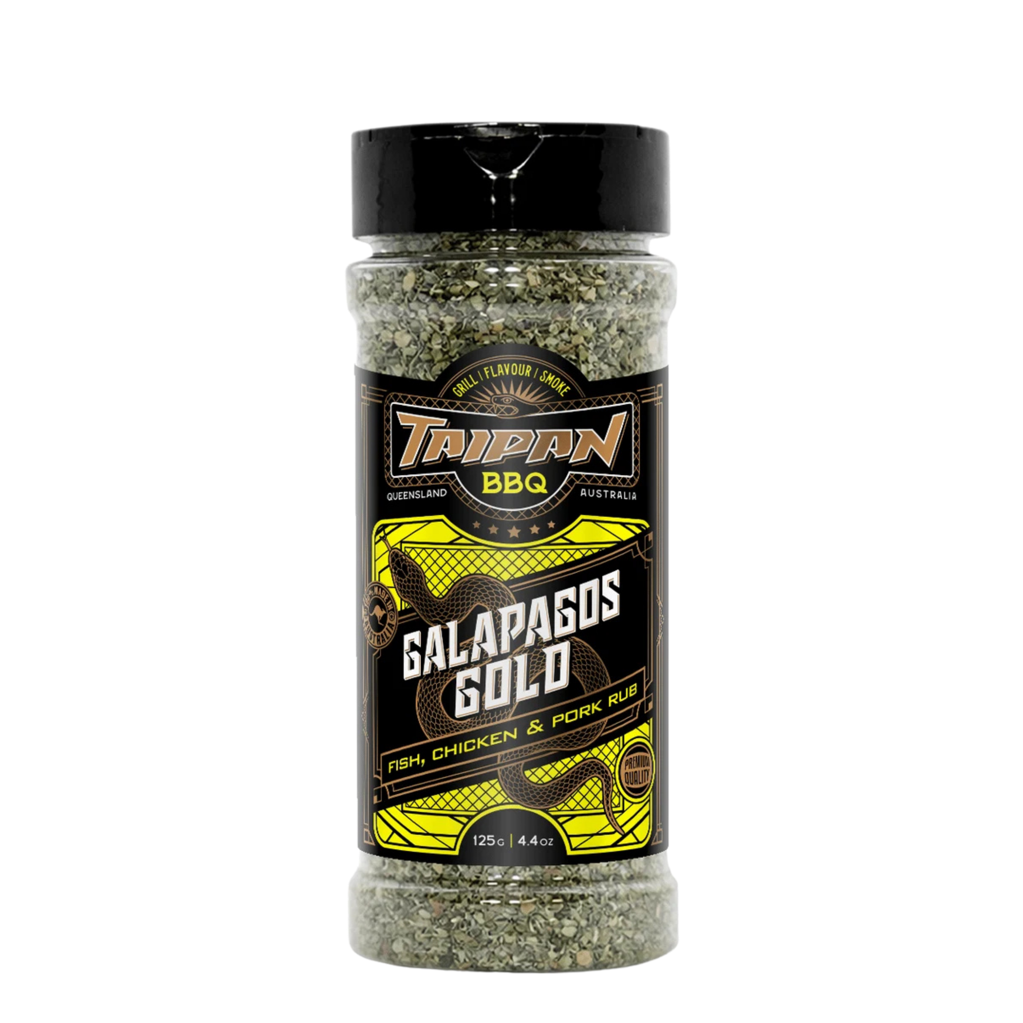 TAIPAN BBQ Galapagos Gold fish & seafood rub 125g — front on transparent background