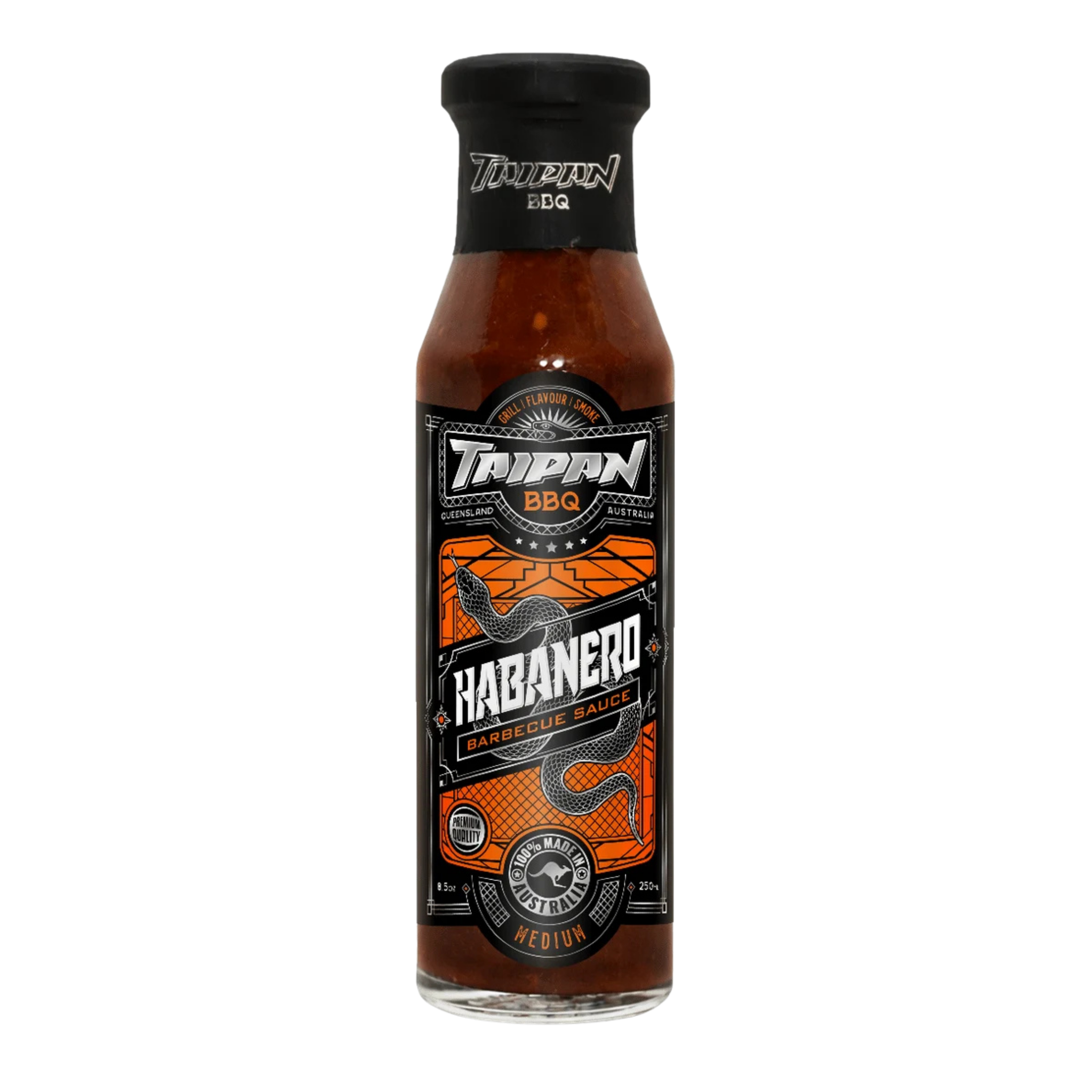 TAIPAN BBQ Habanero medium smoky-sweet BBQ sauce 250ml — front on transparent background