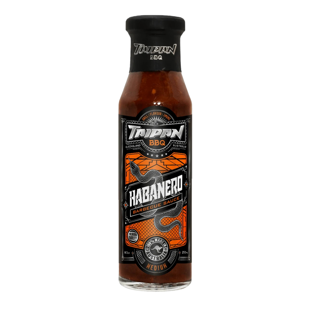TAIPAN BBQ Habanero medium smoky-sweet BBQ sauce 250ml — front on transparent background