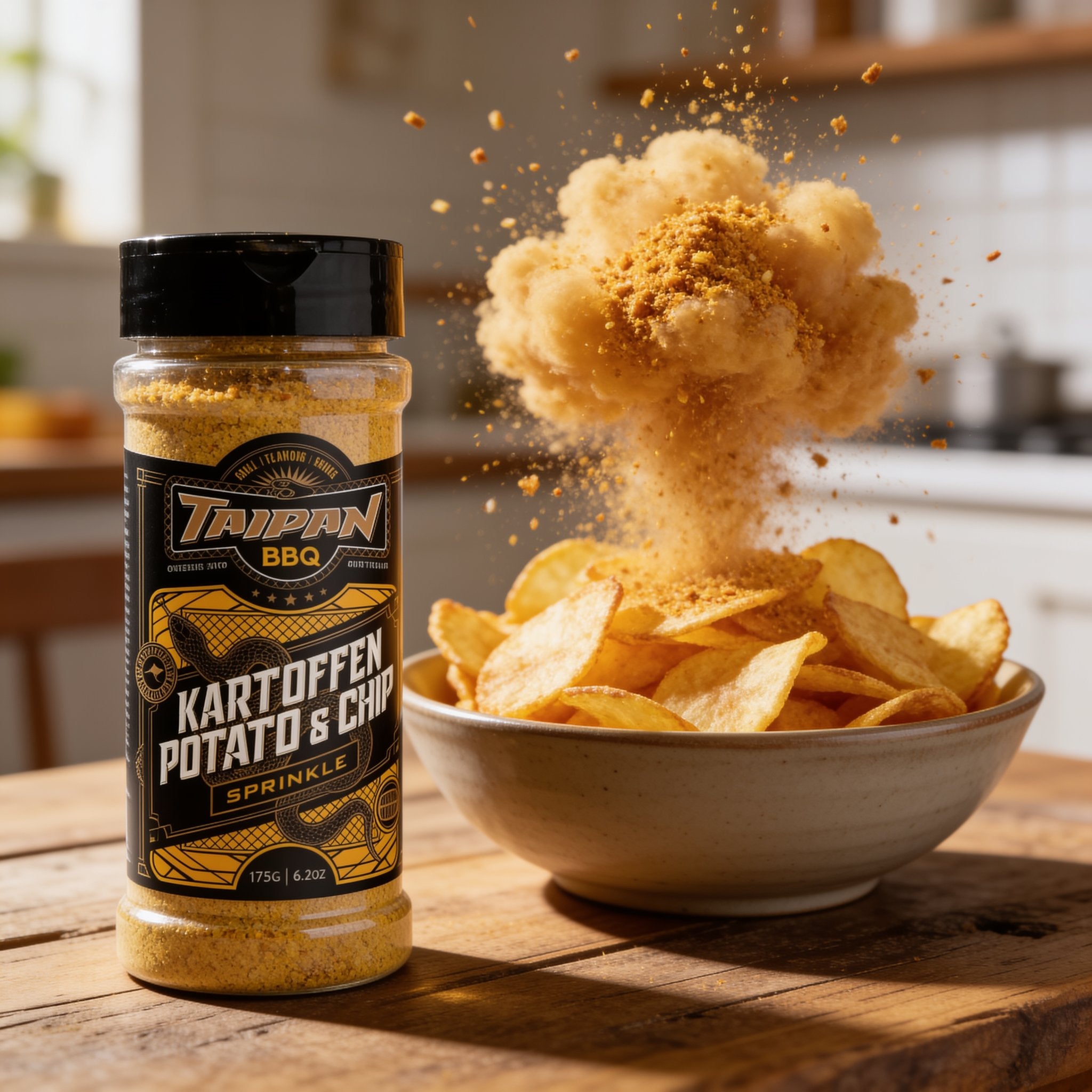 TAIPAN BBQ Kartoffen potato & chip sprinkle 175g — action shot, seasoning explosion freeze-frame over hot chips