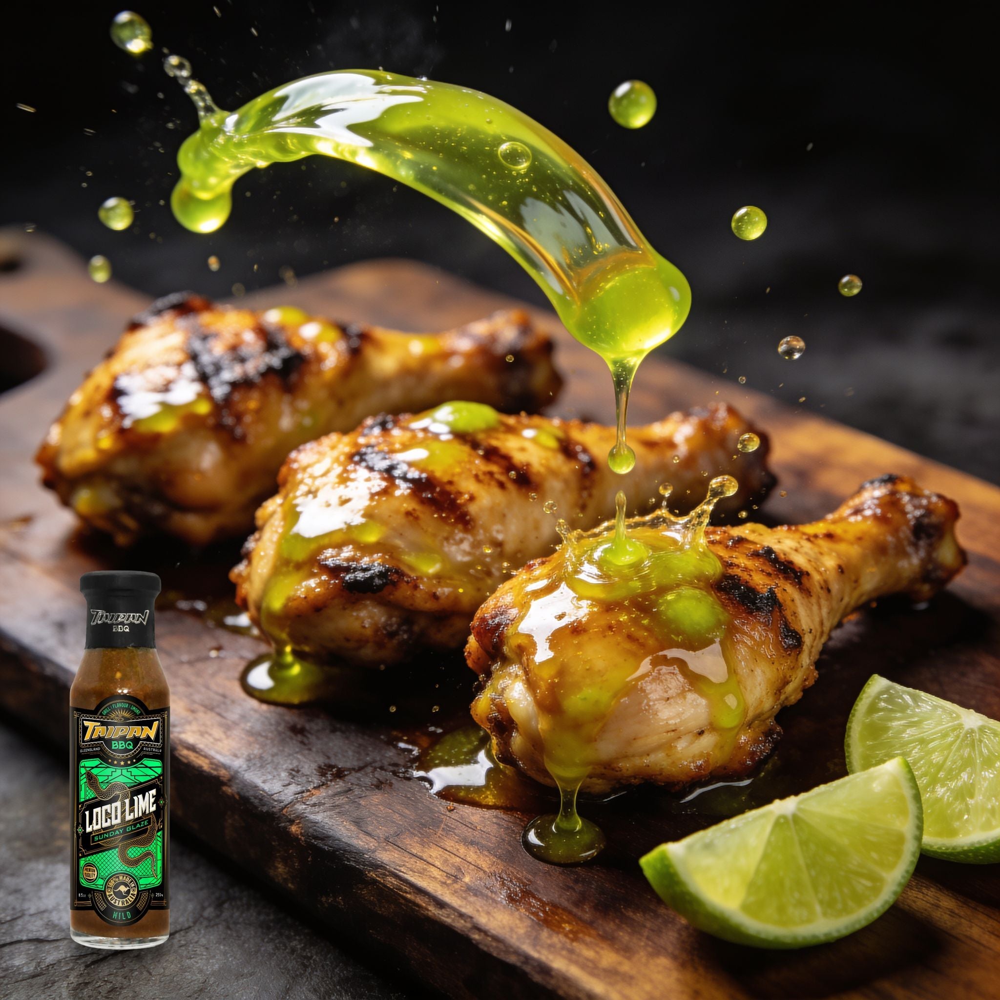 TAIPAN BBQ Loco Lime Sunday Glaze tangy lime BBQ glaze 250ml — action shot, glaze splash freeze-frame over chicken