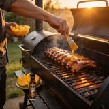 TAIPAN BBQ Mango Madness Sunday Glaze sweet mango BBQ glaze 250ml — in-use shot, brushing glaze onto ribs on the smoker