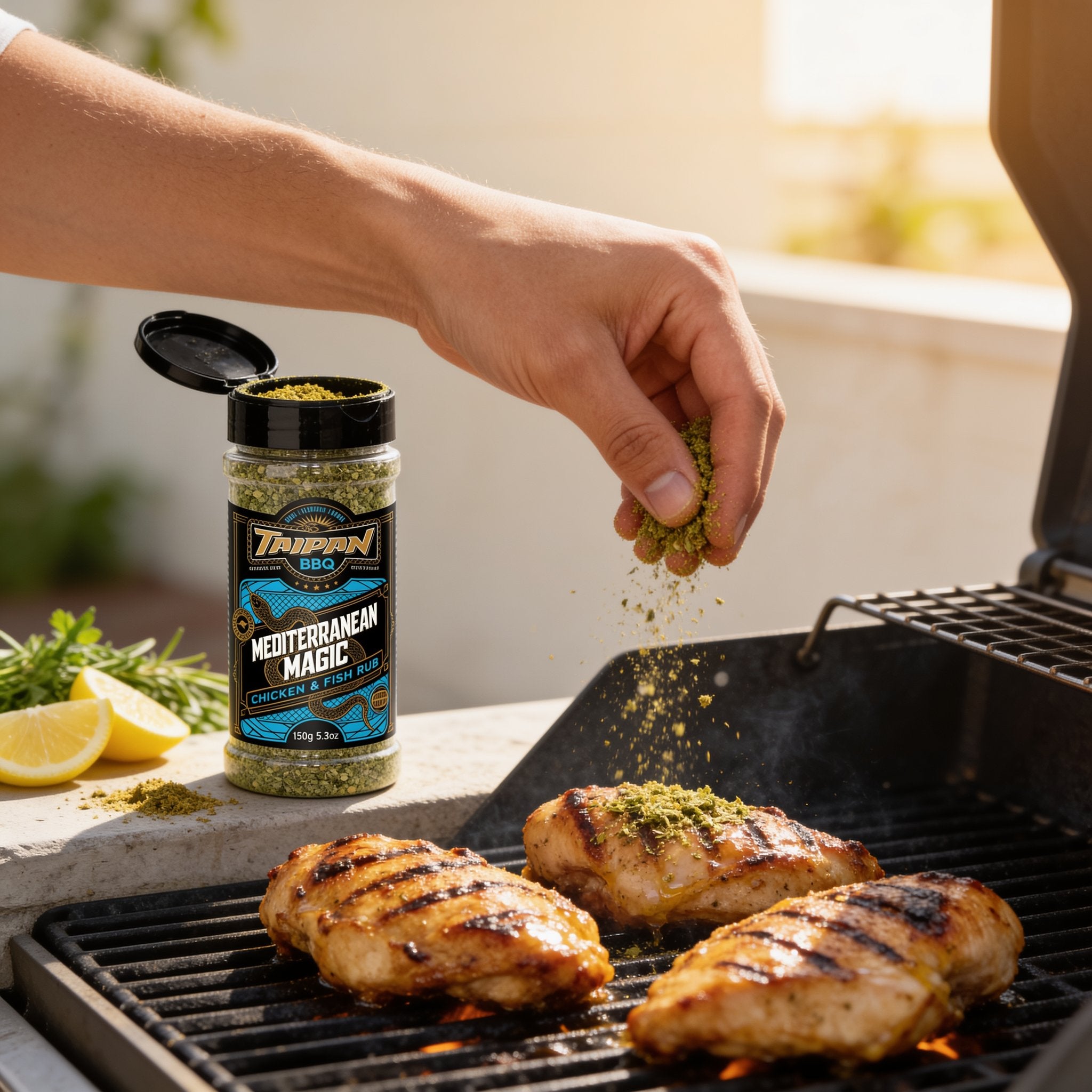 TAIPAN BBQ Mediterranean Magic chicken & fish rub 150g — in-use shot, rubbing seasoning onto chicken on the grill