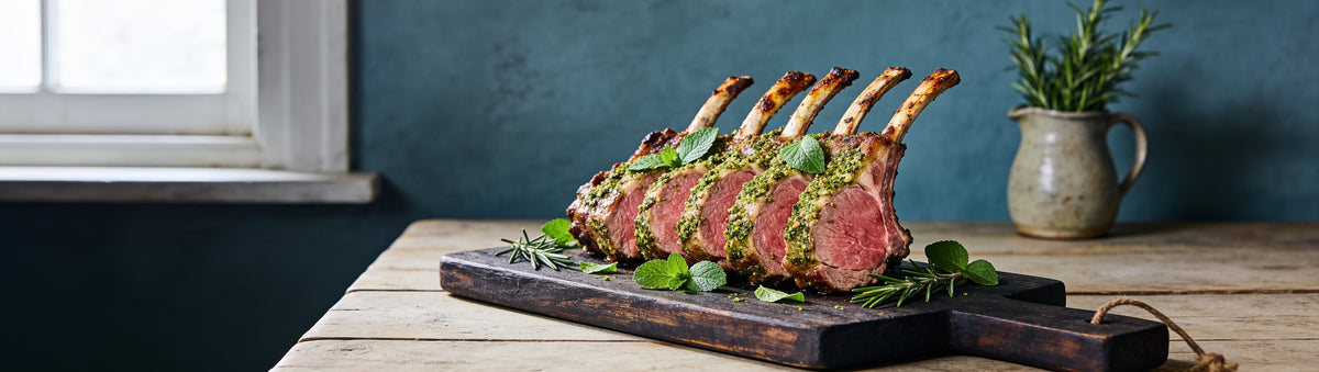 Herb-crusted lamb rack sliced into pink cutlets with fresh mint – Taipan BBQ Mongolian Mint rub