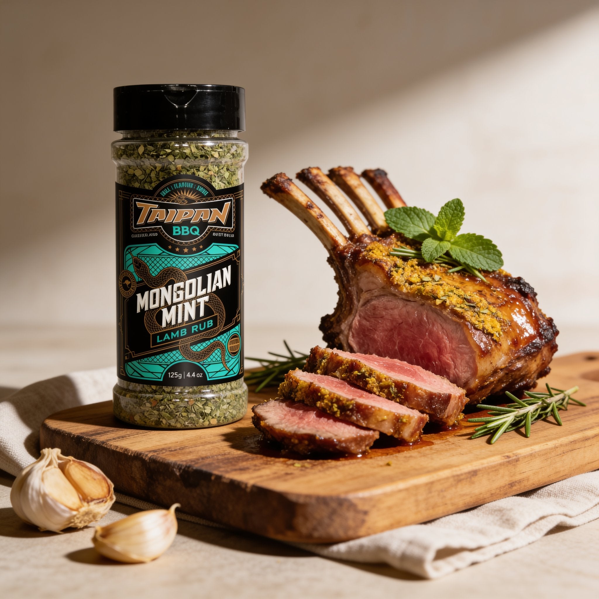 TAIPAN BBQ Mongolian Mint lamb BBQ rub 125g — beauty shot, glistening roasted lamb rack with mint and rosemary