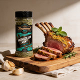 TAIPAN BBQ Mongolian Mint lamb BBQ rub 125g — beauty shot, glistening roasted lamb rack with mint and rosemary