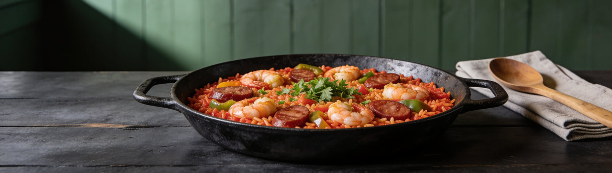 Cast-iron pan of prawn and sausage jambalaya on a dark timber table – Taipan BBQ New Orleans Jambalaya
