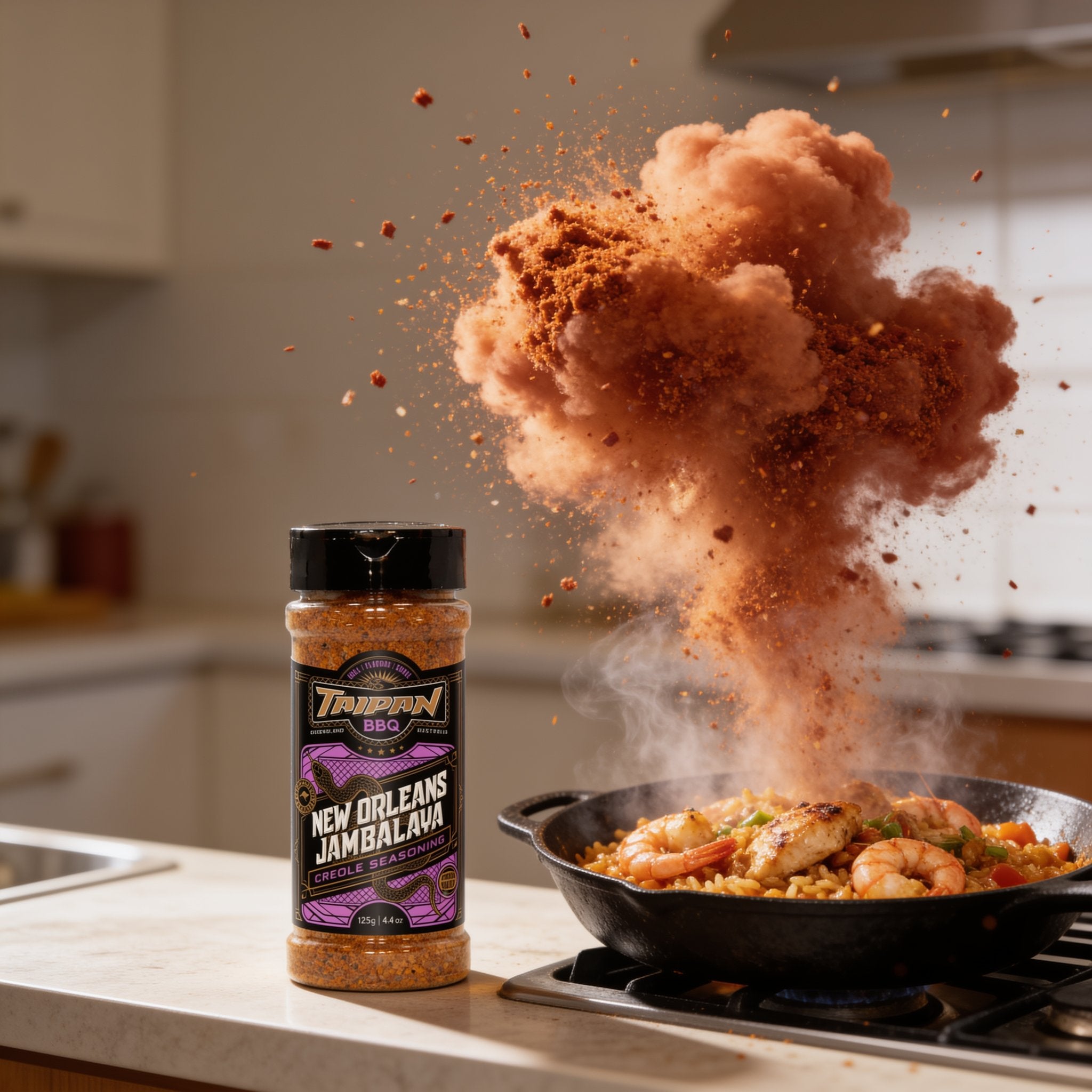 TAIPAN BBQ New Orleans Jambalaya Creole seasoning 125g — action shot, Creole seasoning explosion freeze-frame over a sizzling pan