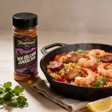 TAIPAN BBQ New Orleans Jambalaya Creole seasoning 125g — beauty shot, steaming jambalaya with chicken, sausage and prawns