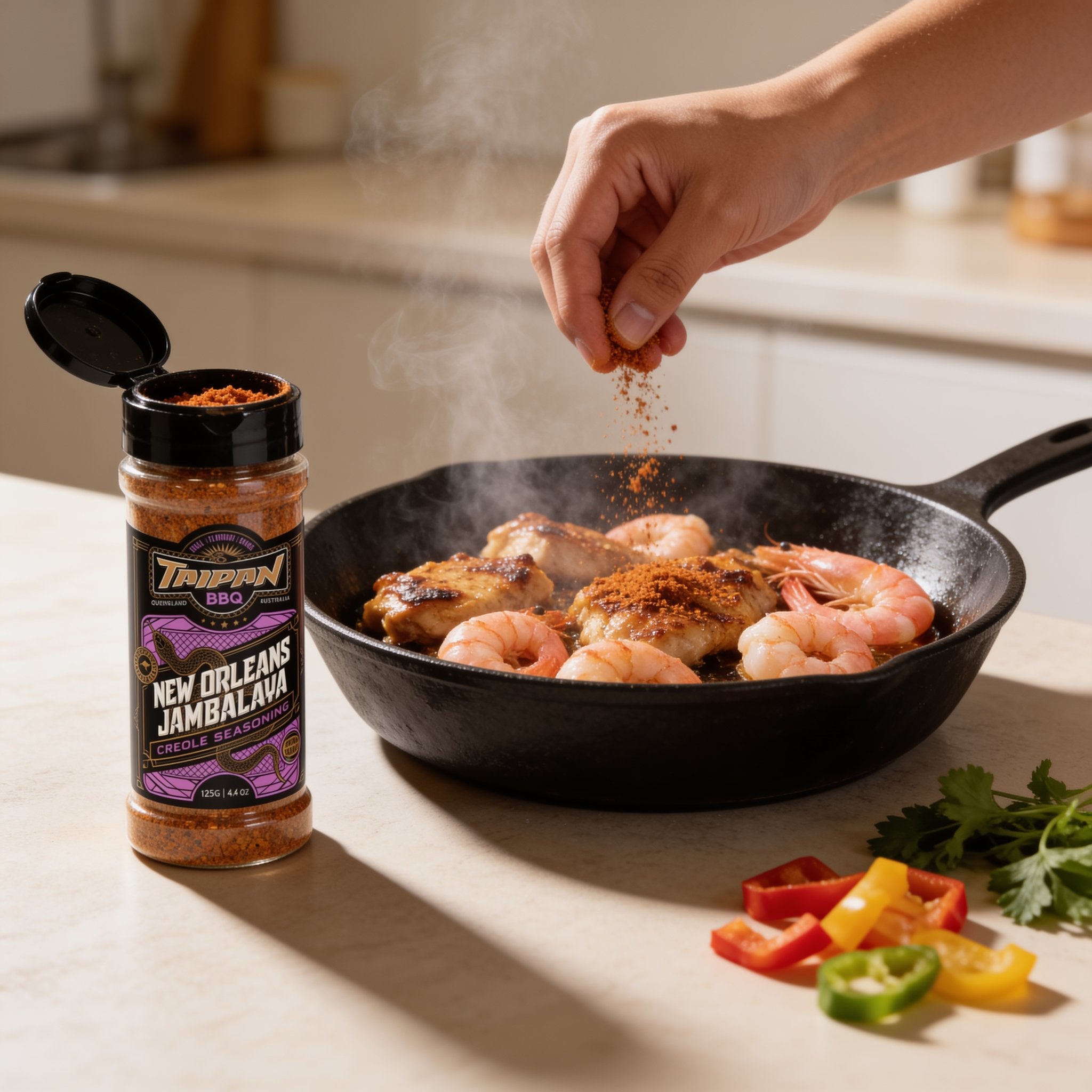 TAIPAN BBQ New Orleans Jambalaya Creole seasoning 125g — in-use shot, sprinkling seasoning over chicken and prawns in a hot pan