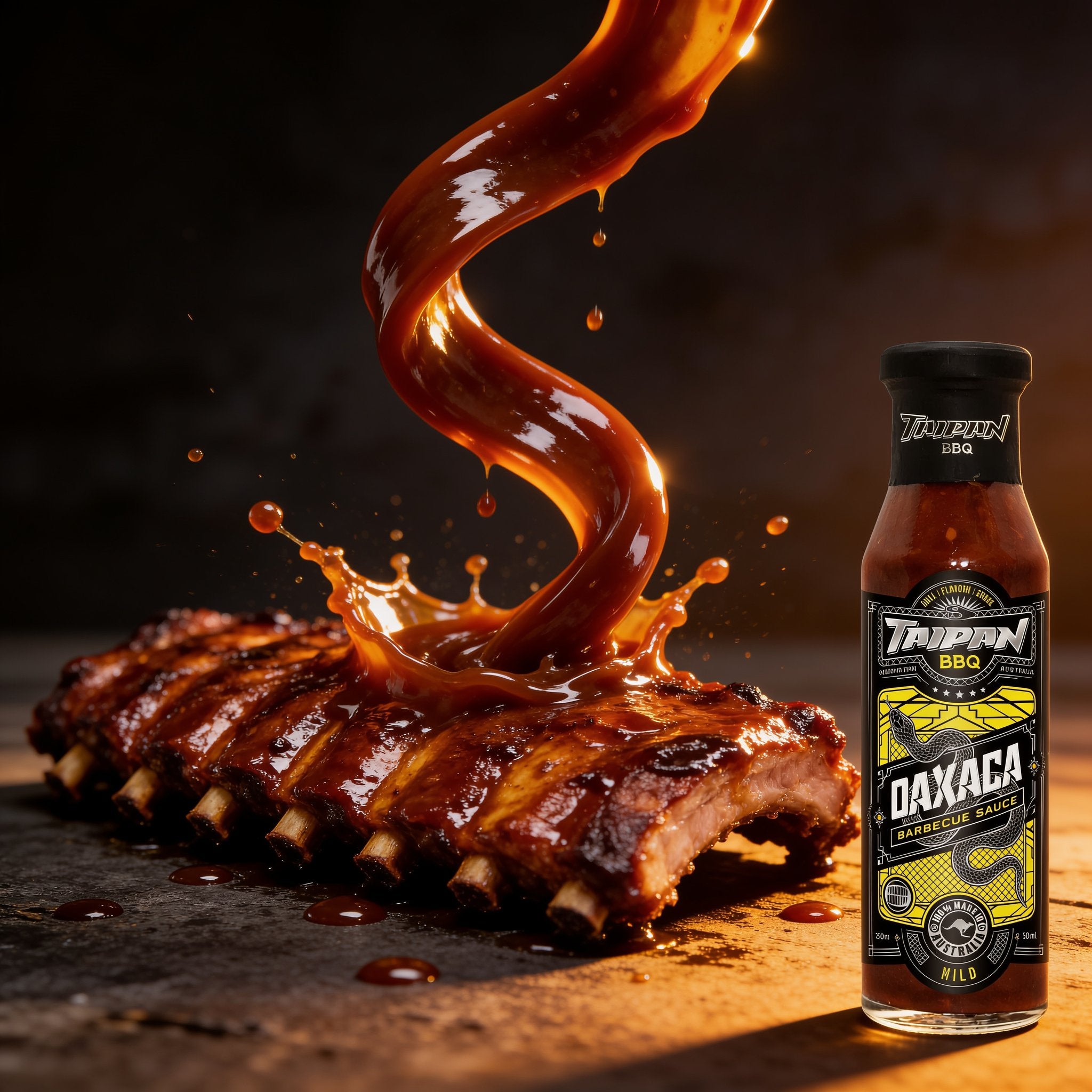 TAIPAN BBQ Oaxaca mild smoky-sweet BBQ sauce 250ml — action shot, dramatic sauce pour freeze-frame over ribs