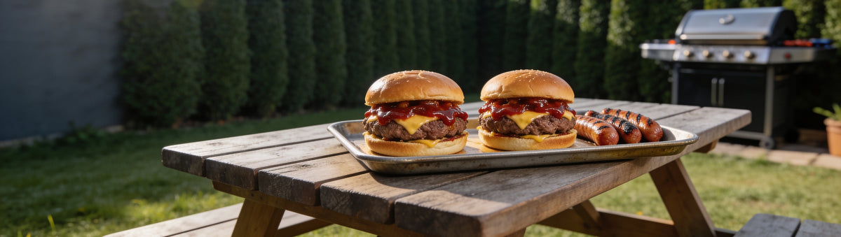 Saucy cheeseburgers and snags on a tin tray, backyard picnic table – Taipan BBQ Oaxaca BBQ Sauce
