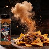 TAIPAN BBQ Outback Fiesta Oz-Mex seasoning 125g — action shot, seasoning cloud freeze-frame over beef nachos