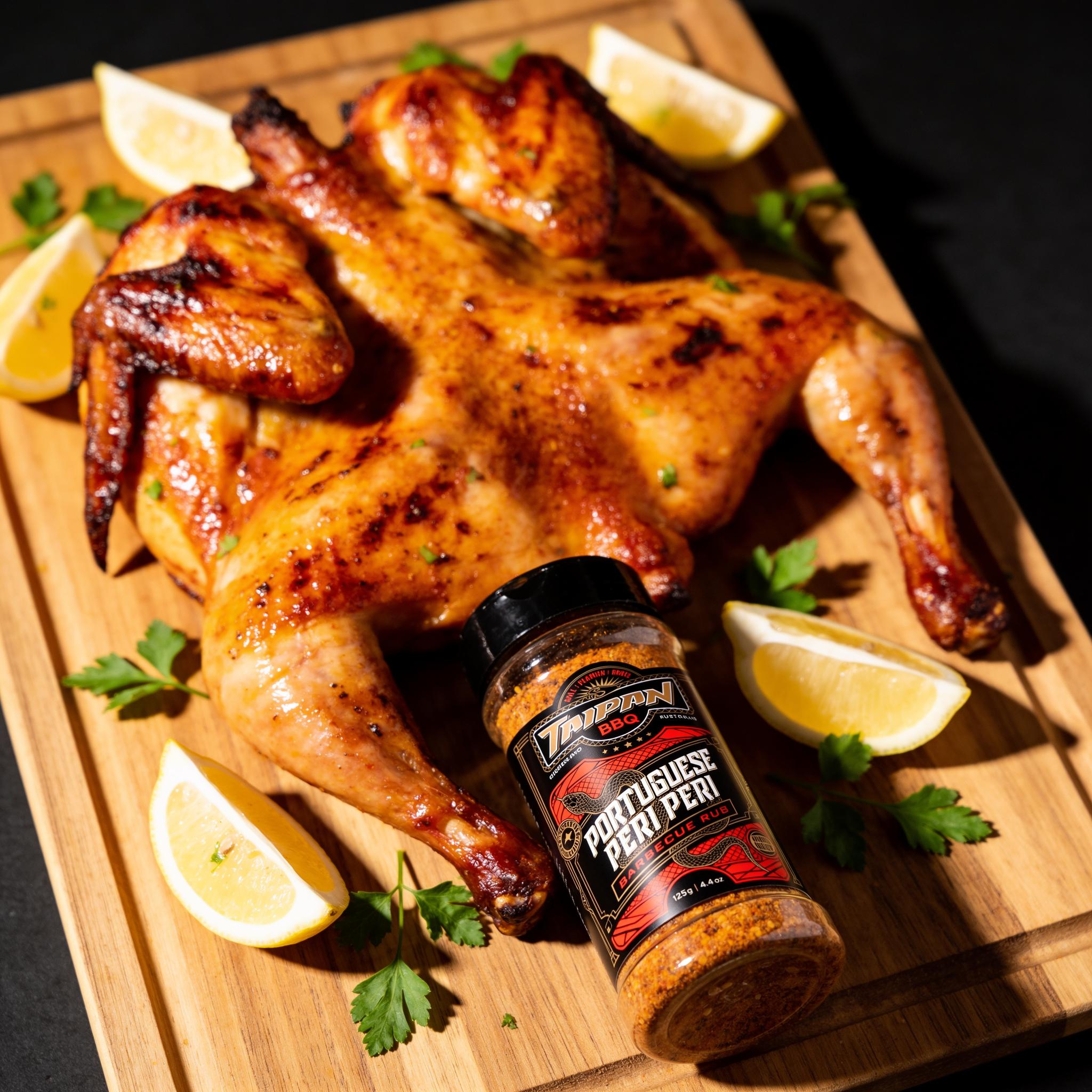 TAIPAN BBQ Portuguese Peri Peri chicken rub 125g — beauty shot, whole grilled peri peri chicken