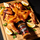 TAIPAN BBQ Portuguese Peri Peri chicken rub 125g — beauty shot, whole grilled peri peri chicken