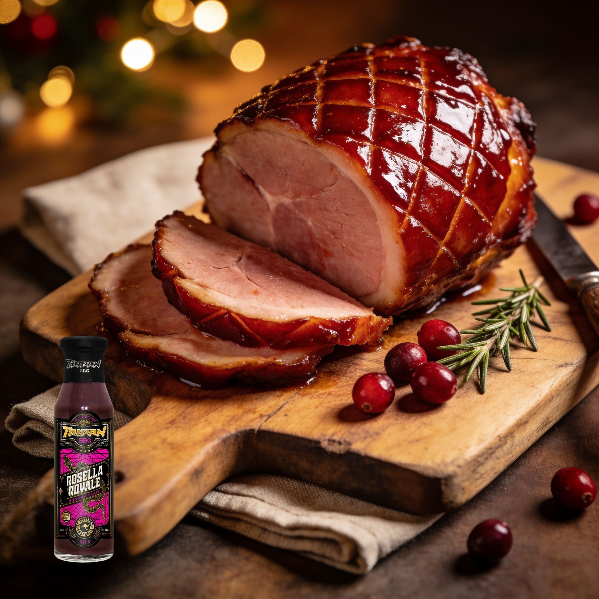 TAIPAN BBQ Rosella Royale Sunday Glaze native rosella BBQ glaze 250ml — beauty shot, glazed Christmas ham