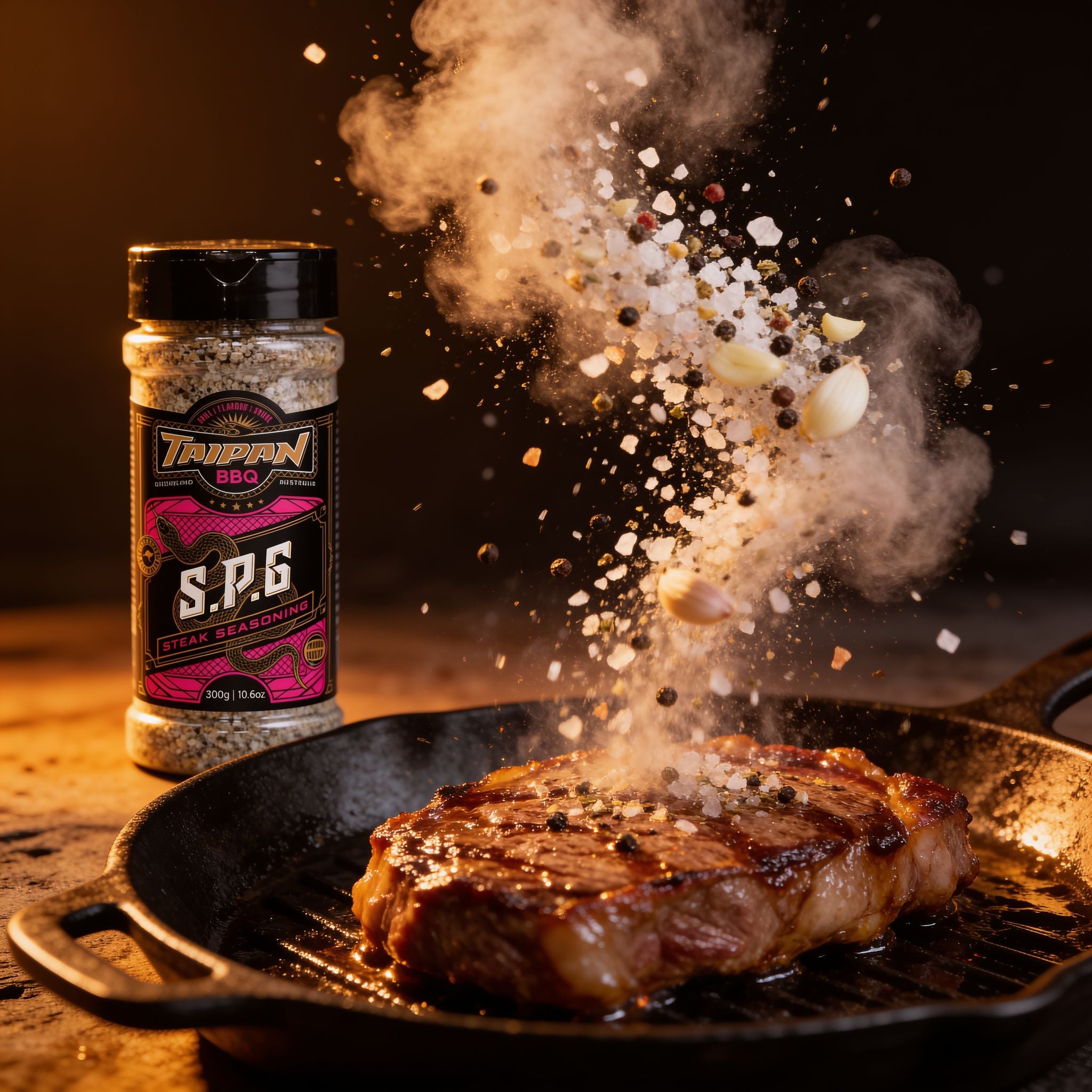 TAIPAN BBQ SPG steak & fish seasoning 300g — action shot, seasoning cloud freeze-frame over a searing steak
