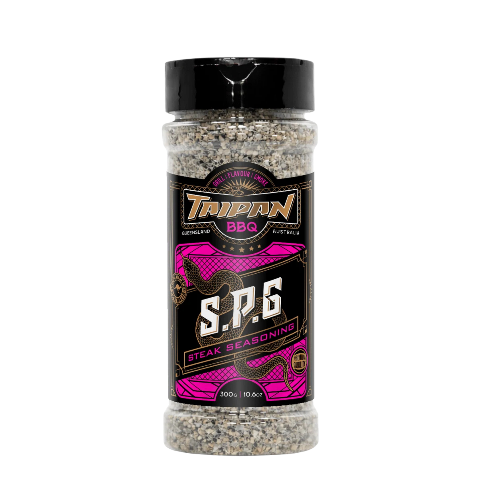 TAIPAN BBQ SPG steak & fish seasoning (salt, pepper, garlic) 300g — front on transparent background