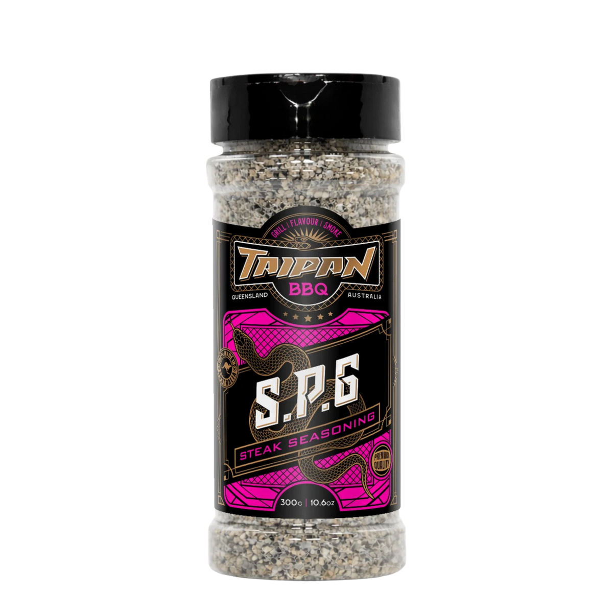 TAIPAN BBQ SPG steak & fish seasoning (salt, pepper, garlic) 300g — front on transparent background