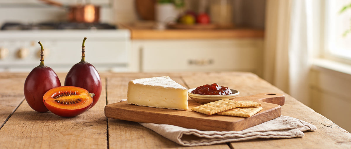 Tamco Tamarillo Relish 210g banner — wooden cheese board with tamarillo relish and halved tamarillo fruit