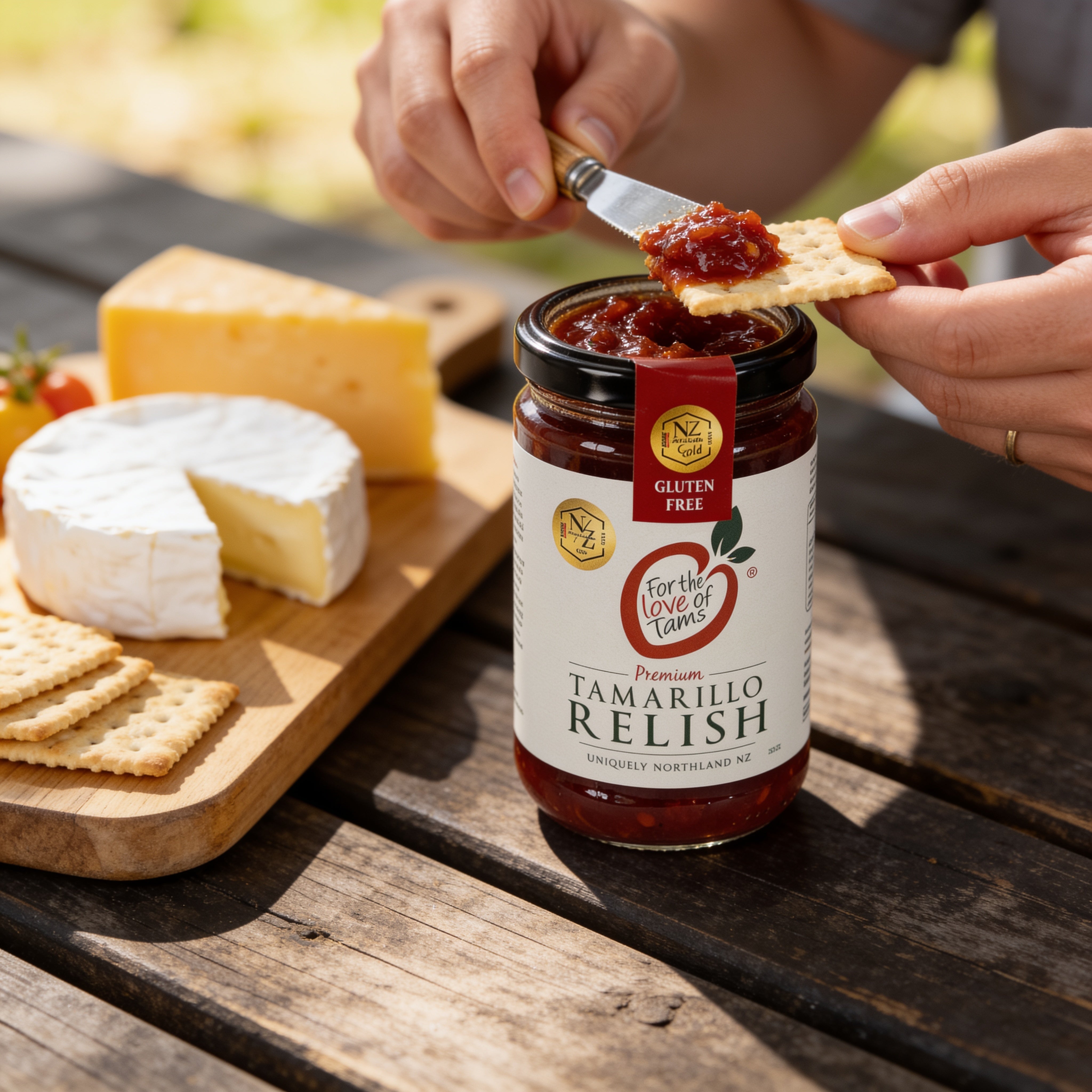 Tamco Tamarillo Relish spread onto a cracker with cheese
